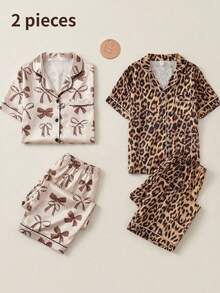 SHEIN 青少年女孩經典豹紋領短袖短褲舒適兩件式睡衣套裝家居服 - 彩色 - 查看 7