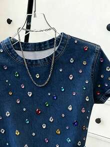Resyla Direkomendasikan Gaya Terlaris, Kaos Wanita Lengan Pendek Leher Bulat Motif Rhinestone Warna-warni yang Manis & Keren, Cocok untuk Belanja Sehari-hari dan Kencan Bersama Sahabat - MultiWarna - View 3