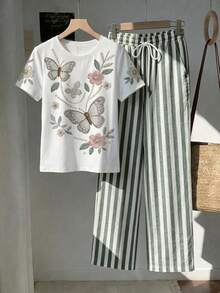 SHEIN Essnce 2件組休閒簡約人造珍珠刺繡印花短袖T恤與灰色條紋短褲，圓領T恤與條紋印花褲，適合春夏季 - 彩色 - 查看 4