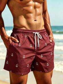 Manfinity KASUA Men's Summer Beach Vacation Style Full Print Anchor Drawstring Waist 2 In 1 Beach Shorts, Holiday - Coffee Brown - View 3