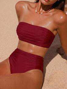 SHEIN Swim Women's Solid Color Strapless Gathered Bikini Set, Beach Summer Outfits - Burgundy - View 2