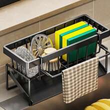 No-Drill Gray Sink Storage Rack | Rustproof Space-Saving Kitchen Organizer With Hooks, For Dishes, Soap & Cleaning Brushes, Easy Install & Clean, High Load-Bearing, Scandinavian Style - Multicolor - View 4