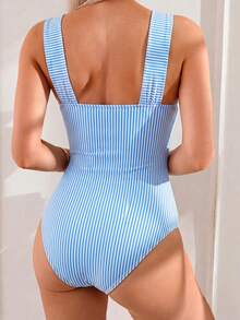 Swim Lushoire Springbreak 女士纯色褶皱肩带极简连体泳衣，节日波西米亚风 - 藍色 - 查看 2