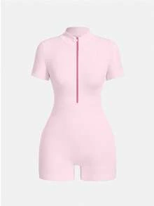 SHEIN Sovereign Charm Bộ áo liền quần ngắn tay có khóa kéo, màu trơn, tối giản dành cho nữ, thích hợp mặc hàng ngày. - Bữa tiệc đấm - Xem 5