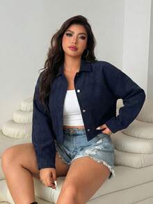 SHEIN EZwear Women's Plus Size Navy Blue Casual Everyday Single-Breasted Jacket Fall - Navy Blue - View 6