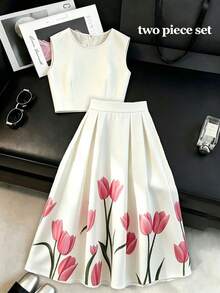 SHEIN Holidaya 两件套优雅印花吊带背心和半身裙套装，适合约会、通勤、日常穿着、办公室、度假和其他场合。 - 白色 - 查看 4