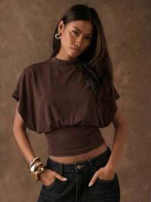 SHEIN BAE Women's Solid Color Versatile Ruched Batwing Sleeve T-Shirt,Summer Top - Brown - View 7