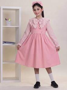 Tween女孩粉色長袖拼色格紋收腰蝴蝶結開學洋裝 - 粉色 - 查看 7