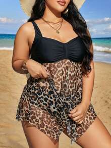 Swim Lushoire Plus Size Leopard Print Patchwork Tankini Set For Vacation Beach - Multicolor - View 5