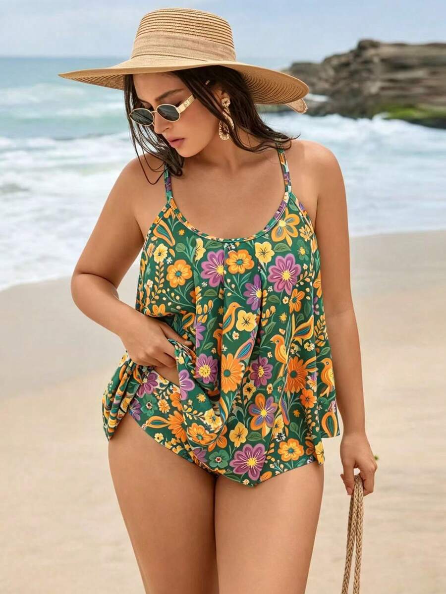 Swim Lushoire Setelan Baju Renang Dua Potong Tank Bikini Ukuran Plus Wanita Terbaru dengan Motif Modis, Desain Ruffle, dan Bawahan Segitiga Pinggang Tinggi - Hijau - View 1