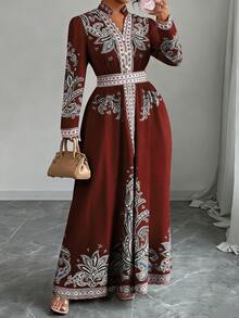 Elenzga Plus Size Paisley Print Dress Fall - Burgundy - View 5