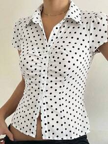SHEIN EZwear White And Black Polka Dot Woven Polka Dot Fitted Women's Shirt Everyday Date Summer French Victorian Vintage - White - View 8