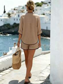 SHEIN Holidaya Contrast Trim Linen Shirt & Shorts Set, Loose Casual Beach Holiday 2 Pieces Outfit - Khaki - View 2