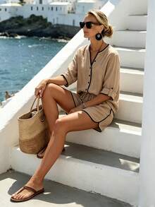 SHEIN Holidaya Contrast Trim Linen Shirt & Shorts Set, Loose Casual Beach Holiday 2 Pieces Outfit - Khaki - View 4