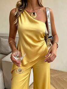 SHEIN Clasi 女士优雅缎面单肩不对称下摆黄色上衣搭配修身直筒裤套装，适合下午茶、派对、度假等场合。 - 黃色 - 查看 7