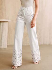 Anewsta Women's Summer White Denim Jeans, Fashionable Casual Contrast Rhinestone Shiny Pants - White - View 3