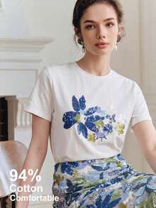 Anewsta 94%纯棉优雅女士T恤，简约通勤休闲短袖圆领刺绣亮片黑色T恤 - 藍白色 - 查看 1
