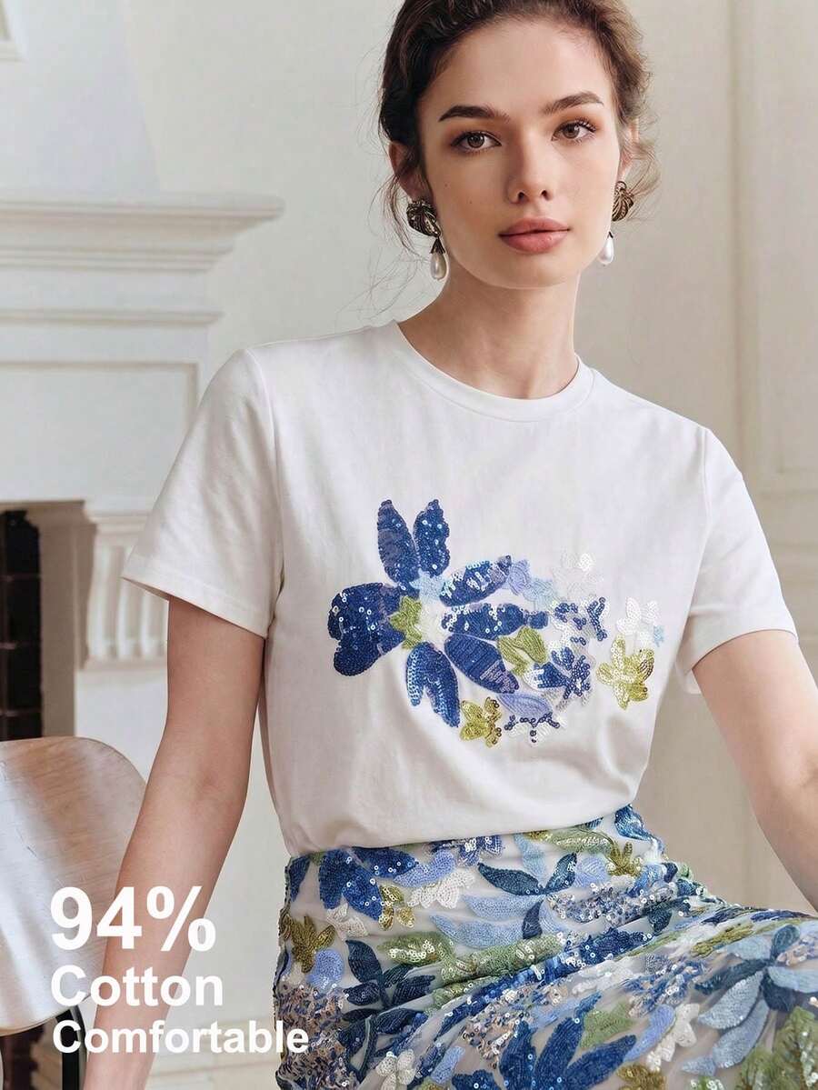 Anewsta 94%纯棉优雅女士T恤,简约通勤休闲短袖圆领刺绣亮片黑色T恤 - 藍白色 - 查看 1