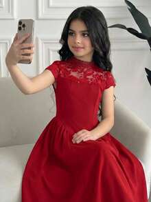 Teen Girl Spring/Summer Elegant Lace Patchwork Long Dress, Dress, Stand Collar Short Sleeve Cinched Waist Ruched Full Skirt Dress, - Burgundy - View 6