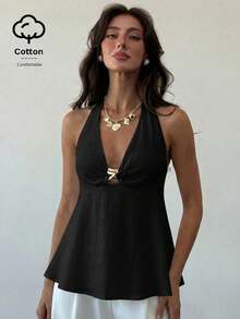 Aloruh Women's Linen Metal Decor Waist A-Line Shirt, Spring/Summer,Summer Top - Black - View 3