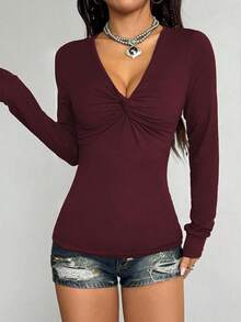 Flirla Autumn Fashion Solid Color Twist Knot V-Neck Short Sleeve T-Shirt - Burgundy - View 3