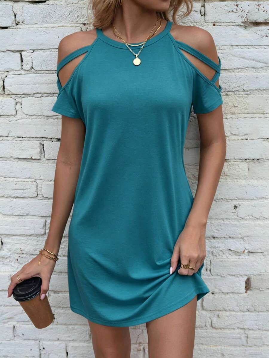 EMERY ROSE Vestido casual de unicolor con hombros descubiertos para ropa de Año Nuevo - Azul - Ver 1