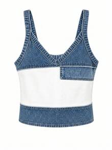 Resyla Women's Fashion Versatile Denim Effect Print Patchwork Design Tank Top - Multicolor - View 3
