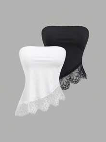 Conjunto de 2 piezas de top camisola minimalista con borde de encaje, asimétrico y sin tirantes, de seda de leche suave, elegante para el trabajo y uso diario, para primavera/verano - Multicolor - Ver 11