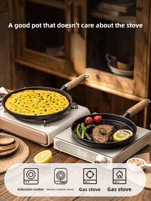 1PC 7.87/10.23 Inch Cast Iron Skillet With Wooden Handle, Multi-Functional Cookware Suitable For Frying Eggs And Pancakes, Ideal For Breakfast And Pancake Making, Versatile Cast Iron Pan - Wooden Handle Flat Bottom Pan, Suitable - View 9