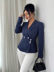 SHEIN Elenzya 大码女士西装外套，金属扣腰带设计，条纹优雅日常通勤时尚法式街头复古百搭商务长袖西装外套，藏蓝色女士西装外套，女士优雅套装，适合办公室穿着。 - 藏蓝色 - 查看 1