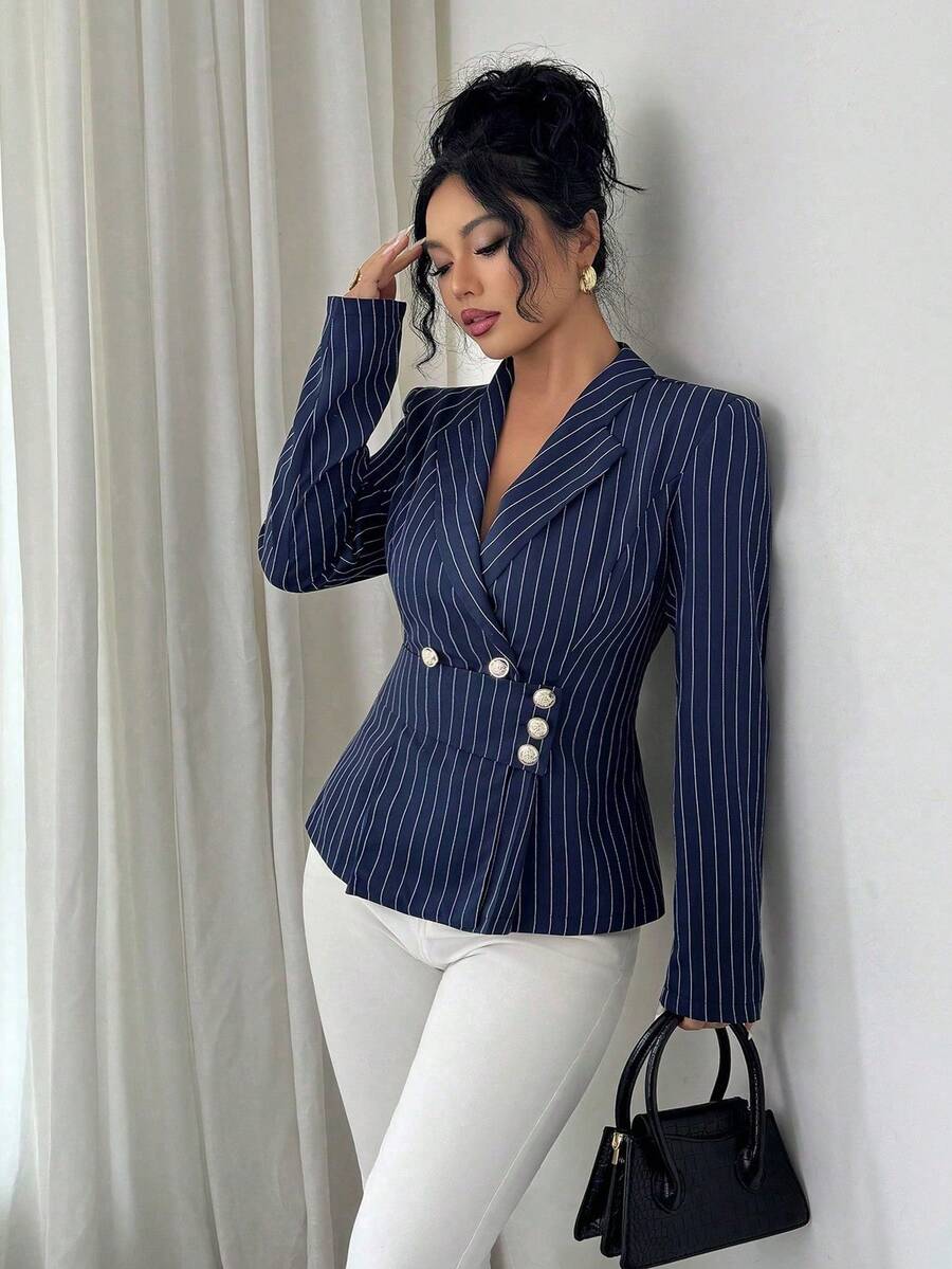 SHEIN Elenzya 大码女士西装外套,金属扣腰带设计,条纹优雅日常通勤时尚法式街头复古百搭商务长袖西装外套,藏蓝色女士西装外套,女士优雅套装,适合办公室穿着。 - 藏蓝色 - 查看 1