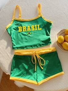 SHEIN EZwear 女士巴西国旗字母印花露脐上衣和短裤套装，修身夏季套装，世界杯服装 - 彩色 - 查看 6