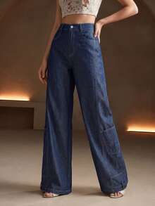 Anewsta Autumn Holiday Outfits Navy Blue Modern Casual Fashion Non-Denim Design Commuter Everyday Women Wide Leg Pants - Navy Blue - View 7
