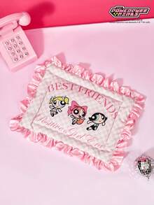 THE POWERPUFF GIRLS X PETSIN 1pc Pink Big Eyed Girl Good Friend Pink Checkered Letter Printed Pet Bed Soft And Comfortable Anti Slip Ruffled Edge Pet Bed - Multicolor - View 2
