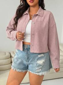 SHEIN EZwear Jaket Lotus Pink Ukuran Plus Wanita untuk Musim Gugur - Dusty Pink - View 4