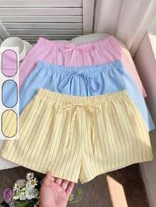 Comfortcana 3pcs Women's Casual Drawstring Waist Loose Shorts, Suitable For Summer, Vacation, Daily Commute, And Home Wear - Multicolor - View 3