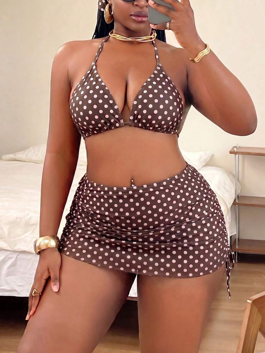 Slaydiva Plus Size Women 4-Piece Set Random Print Halter Thick Strap Triangle Bikini Set With Matching Print Drawstring Skirt And Hat - Multicolor - View 1