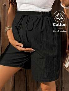 Boho Mama Maternity Textured Adjustable Waist Fashionable Versatile Solid Color Tie-Up Shorts - Black - View 1