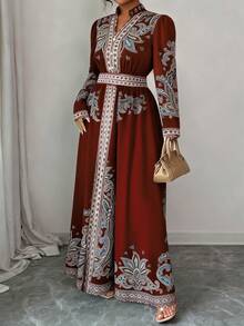 Elenzga Plus Size Paisley Print Dress Fall - Burgundy - View 3