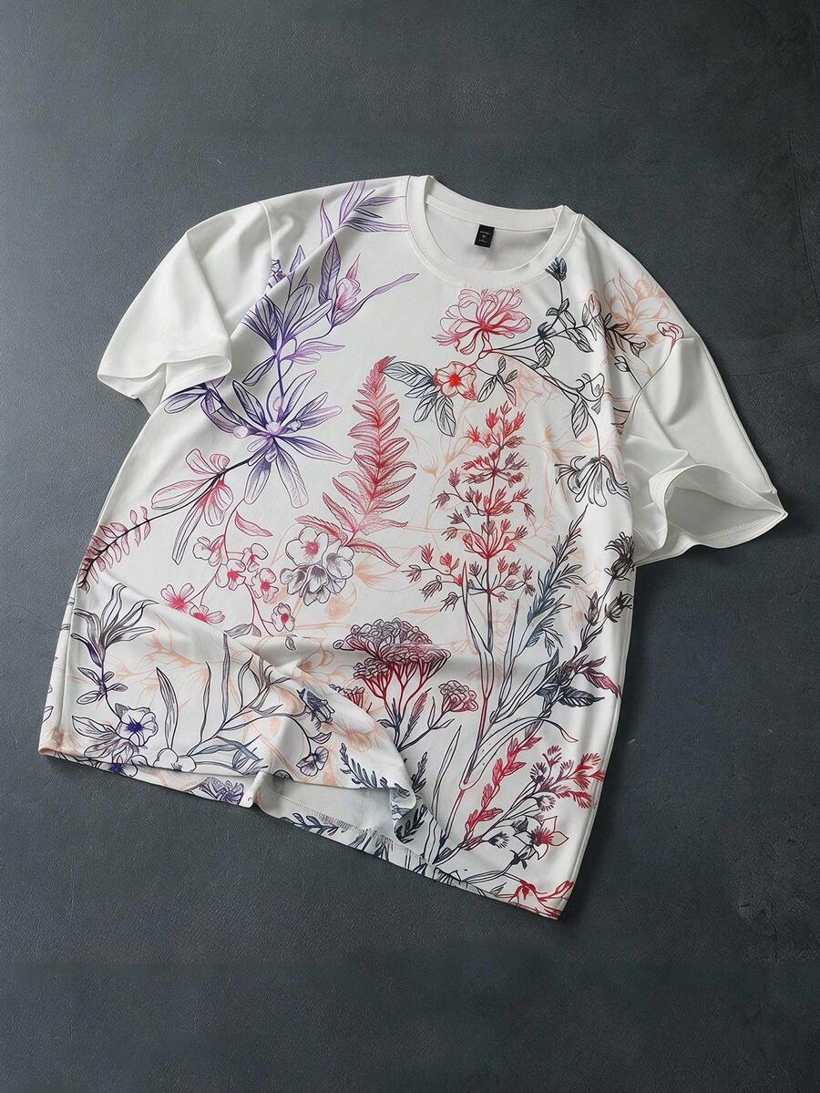 ROMWE MEN Casual 男款花卉印花圓領短袖休閒寬鬆版型T恤 - 白色 - 查看 1