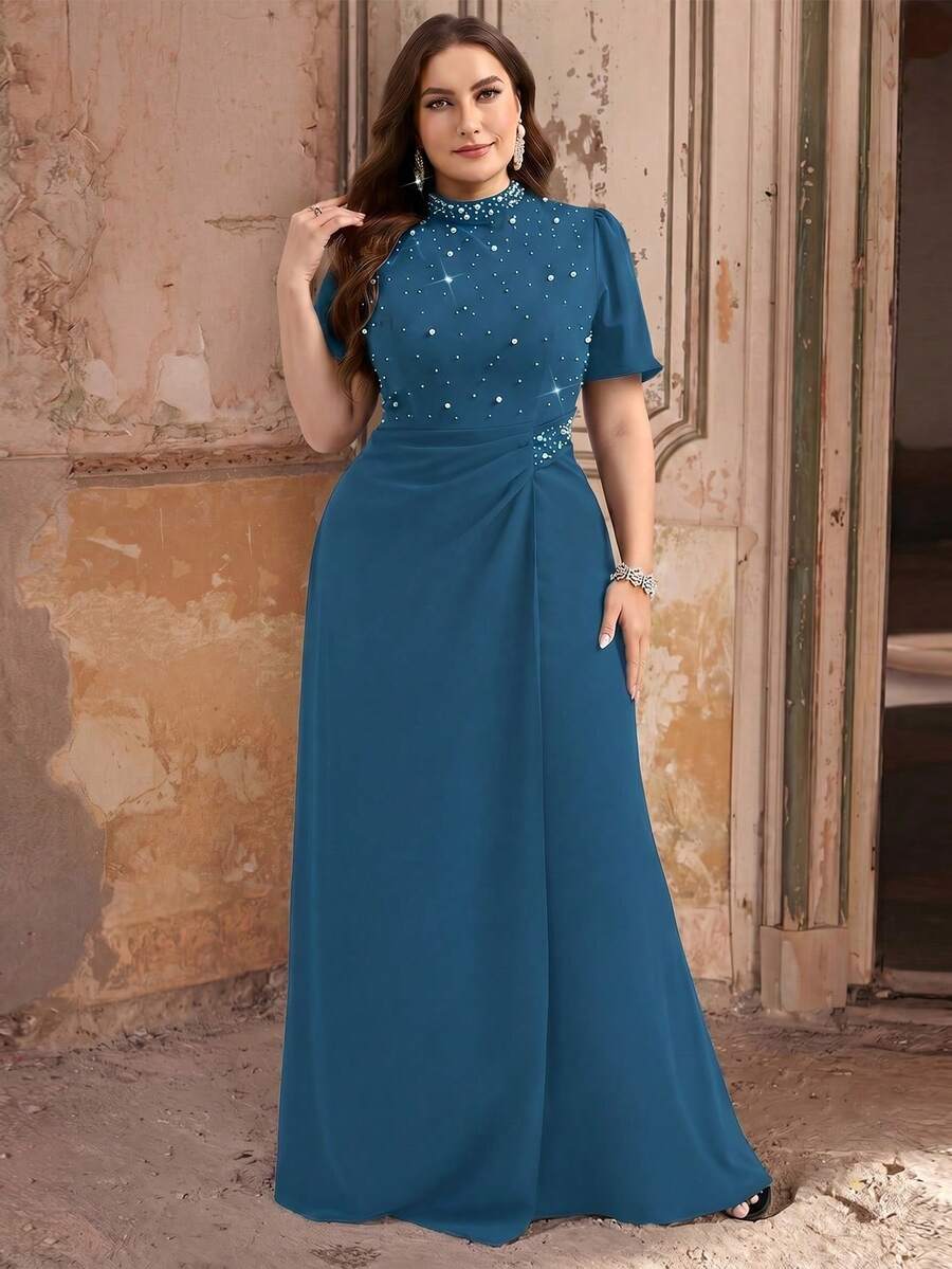 Coutiva Vestido de noche formal de talla grande (muy adornado) - Agua verde azul - Ver 1
