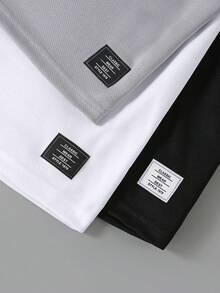 SHEIN Vacaura 3 件套青少年男孩圆领 T 恤，带贴花装饰，短袖上衣，春夏 - 黑與白 - 查看 4