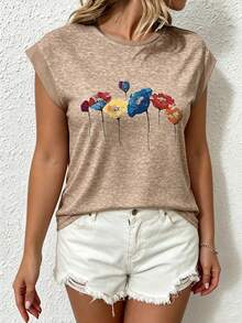 EMERY ROSE Women's Plus Size Casual Retro Floral Print Batwing Sleeve Round Neck T-Shirt, Suitable For Spring And Summer Tops - Multicolor - View 4