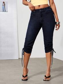 Denimoi Pantalones capri de mezclilla elástica, jeans capri, jeans sexy, jeans de moda, jeans capri de verano con cordón - Azul lavado oscuro - Ver 2
