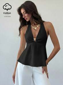 Aloruh Women's Linen Metal Decor Waist A-Line Shirt, Spring/Summer,Summer Top - Black - View 4