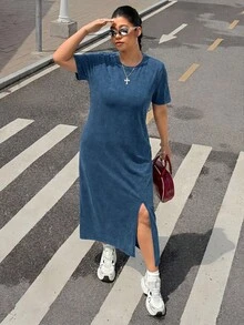 Muchica 大码女式休闲简约纯色短袖开衩下摆T恤裙，适合日常通勤 - 藏蓝色 - 查看 5