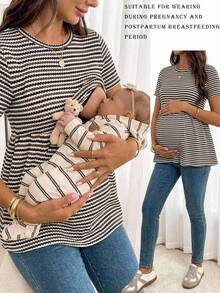 SHEIN 夏季洗禮棕色上衣，孕婦哺乳條紋圓領短袖休閒T恤，嬰兒洗禮派對 - 彩色 - 查看 1