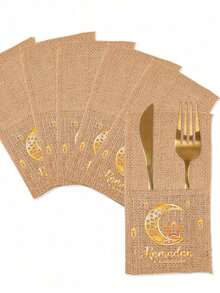 5Pcs Eid Burlap Cutlery Bags With Moon Star Lantern Print, Linen Silverware Pouches. Ideal Decor & Gifts For Ramadan, Eid Al-Adha, Muslim Party And Daily Kitchen Use. - Khaki - View 8