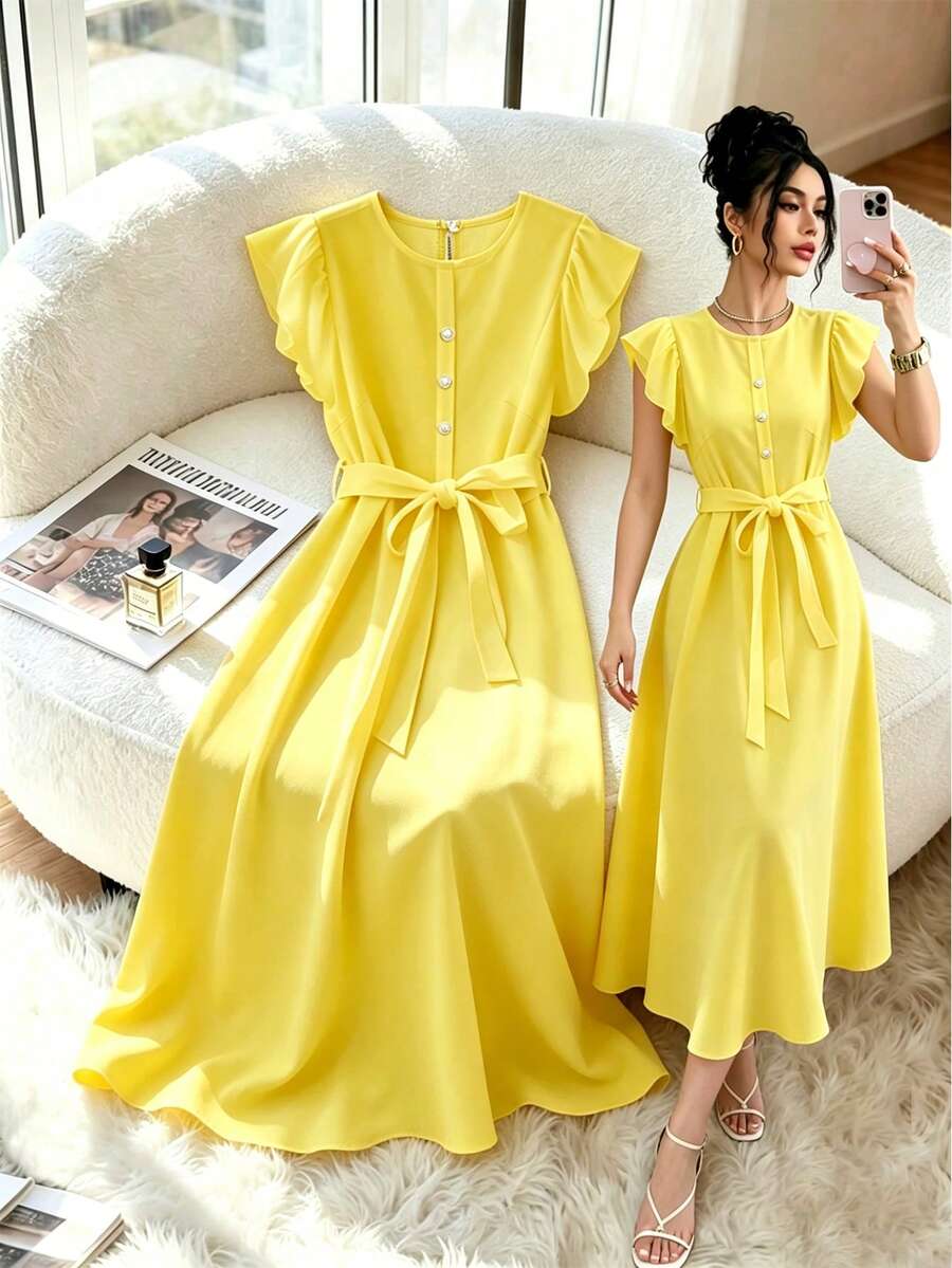 Franclia Đầm tiệc trà mùa hè thanh lịch màu vàng cho nữ, đầm dáng chữ A dài vừa thoải mái, trơn, cổ tròn, tay cánh bướm xếp nhún, có thắt lưng, cài nút, đa năng - Vàng nhạt - Xem 1