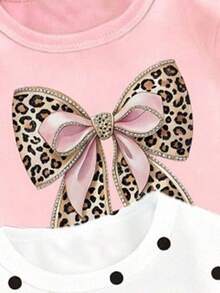 (Random 4 Sets, Send 1 Set) Baby And Girl Fashion Leopard Cherry Shining Bow Pattern Printed Casual Style Basic Short T Plus Bottom Pants Set - Multicolor - View 5